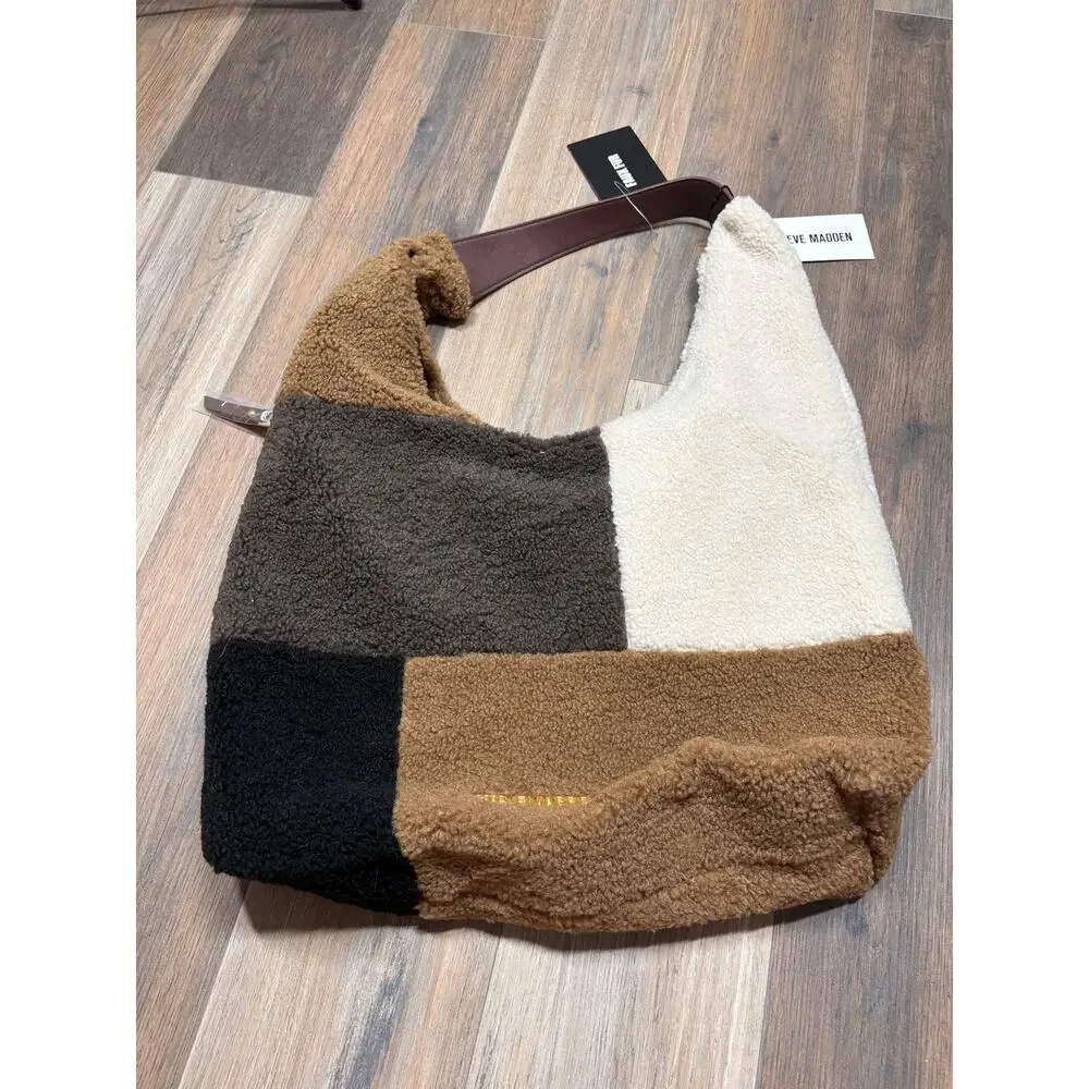 Steve Madden Cognac Multi BTully Hobo Bag Brown Black White Colorblock Faux Fur